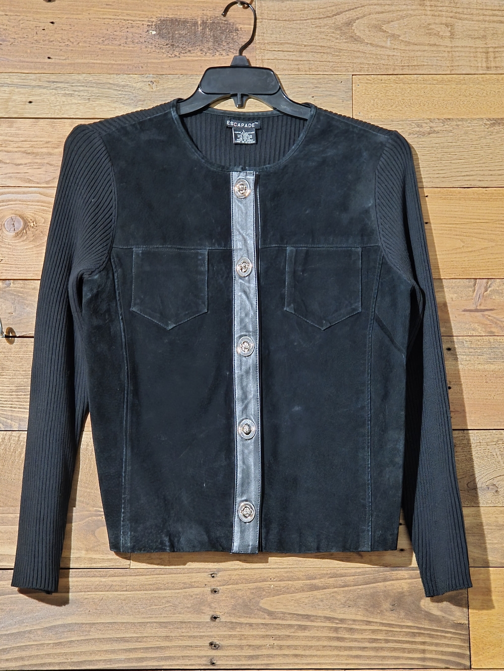 Suede Leather Escapade L Black Ribbed Knit Cardigan Jacket Button Front Pockets